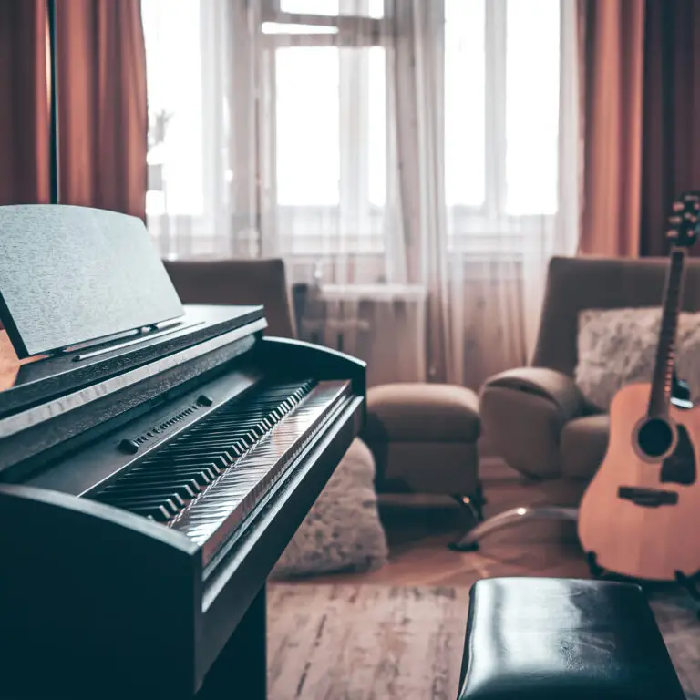 Cozy room interior with electronic piano and acoustic guitar, musical creativity concept.