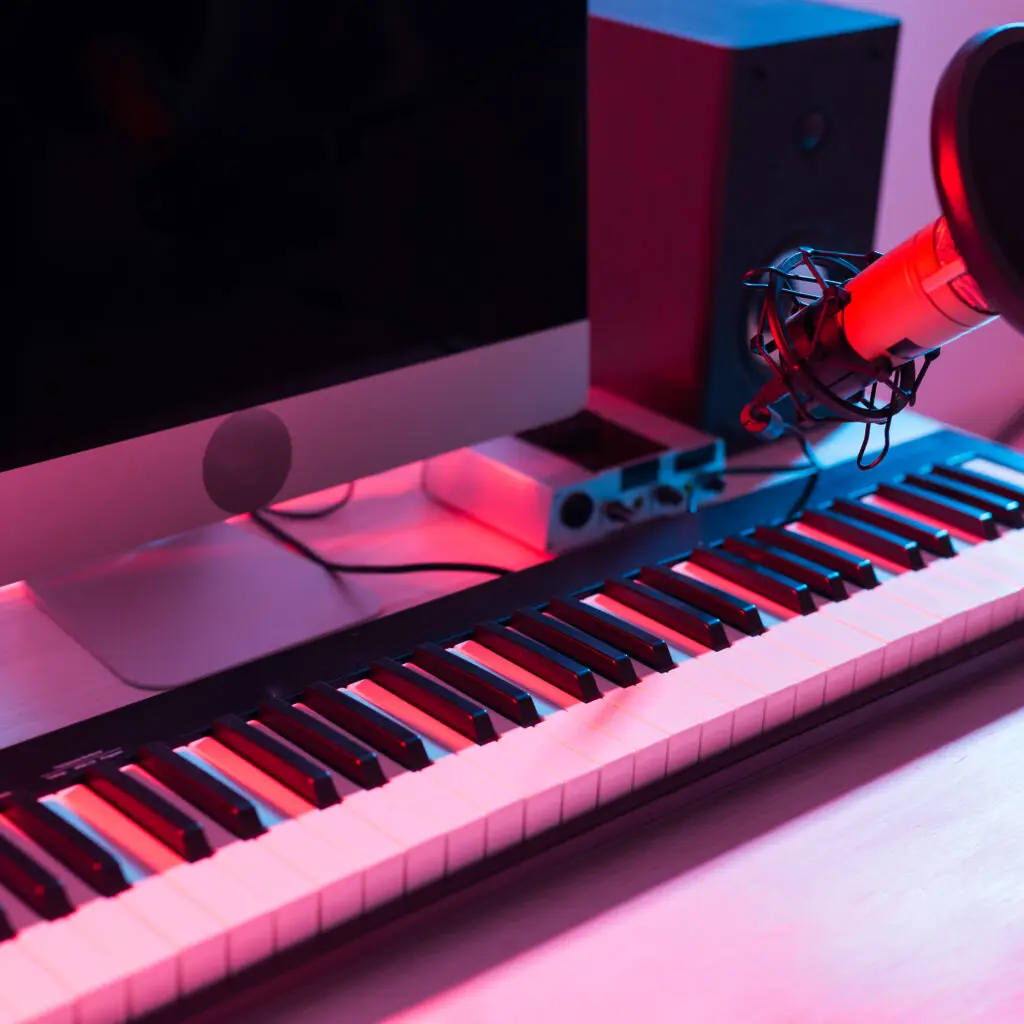 Synthesizer keyboard digital recording, home music record studio concept. Leisure and hobby.
